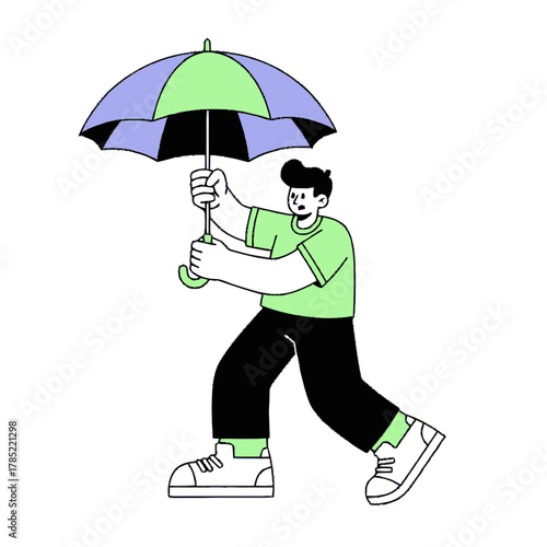 A man holding a large umbrella in the wind. Modern flat design vector illustration of a character struggling with weather. Protection and insurance concept