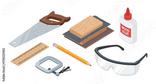 Isometric tools and supplies for woodworking projects
