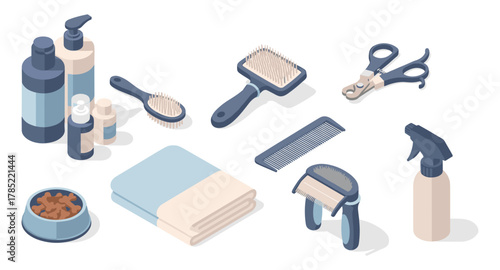 Pet grooming essentials in isometric style: tools and supplies for cats and dogs