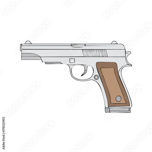 Clean vector illustration of a classic semi automatic pistol handgun with brown grip