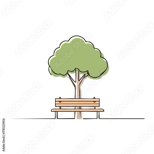 Abstract continuous line drawing of a leafy green tree and wooden park bench minimalist design