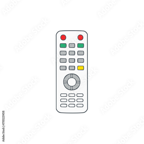 Flat design illustration of a generic remote control with colorful buttons for electronic devices and multimedia.