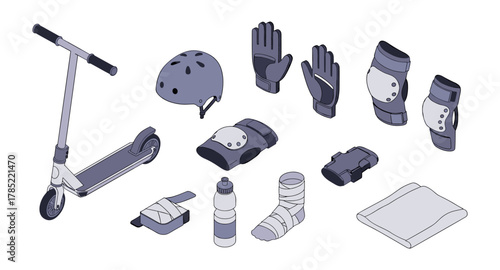 Isometric set: scooter with safety gear - helmet, gloves, pads, bottle, bandages