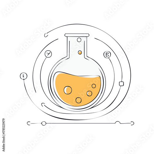 Abstract scientific experiment flask with bubbling liquid and orbital graphic elements symbolizing data