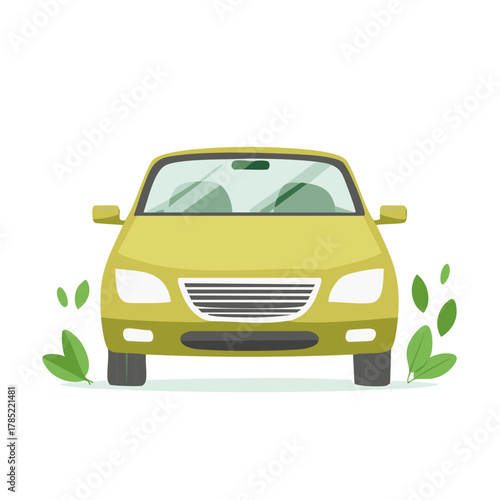 Eco friendly green car driving through leaves in a clean environment