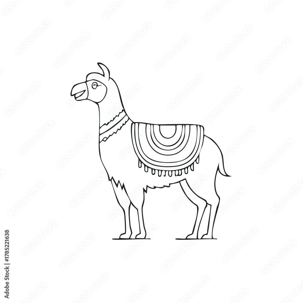 Naklejka premium Hand-drawn llama with traditional saddle blanket coloring book vector illustration clip art, Andes mountain animals in South America