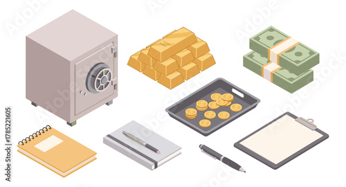 Isometric banking assets: safe, gold bars, cash, coins, and office supplies in modern design
