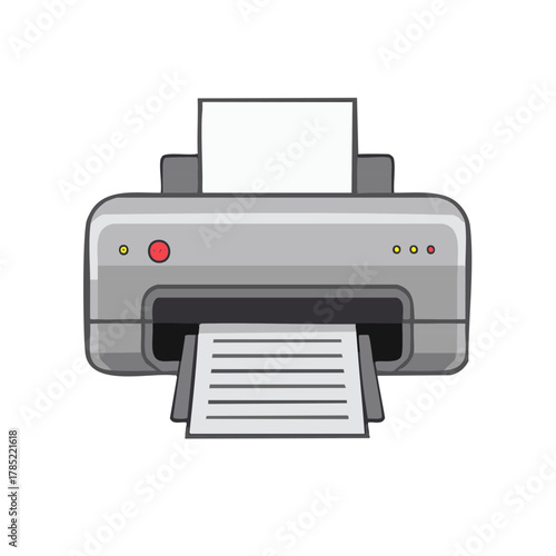Cartoon illustration of a gray printer with paper, vector graphic element