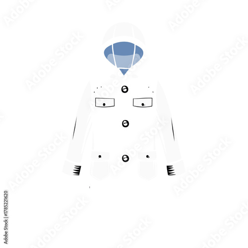 Stylish White Rain Jacket with Hood Buttons and Pockets Flat Vector Illustration