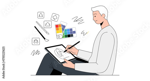 Digital artist creating on tablet with colorful palette and tools in modern minimalist style