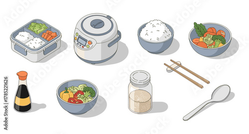 Japanese cuisine essentials with rice cooker and fresh ingredients in isometric style