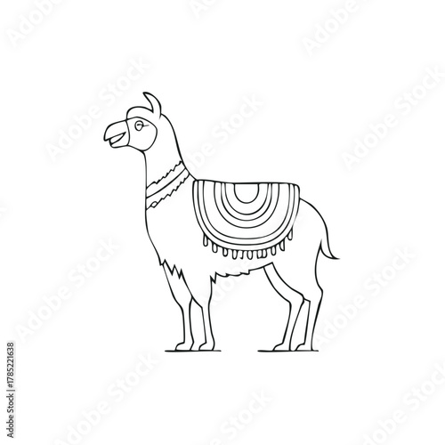 Hand-drawn llama with traditional saddle blanket coloring book vector illustration clip art, Andes mountain animals in South America