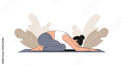 Woman practicing yoga in child pose with nature-inspired background