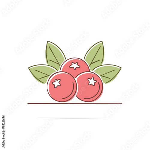 Fresh red cranberries and green leaves icon, simple fruit illustration design