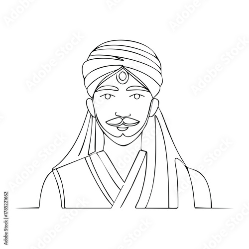 Line art portrait of a man in traditional attire with a turban and mustache