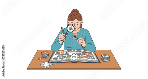 Collector analyzing stamps with magnifying glass at table