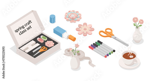 Isometric craft supplies set with scissors, colored markers, and flowers for diy projects