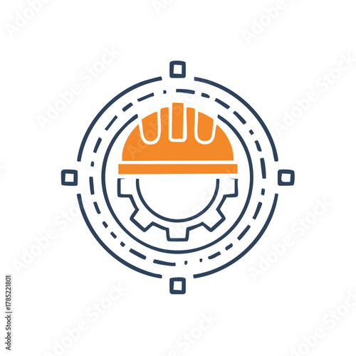 Orange hard hat and gear symbol in circular target graphic
