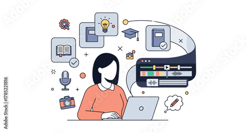 Person at laptop surrounded by icons representing education and media