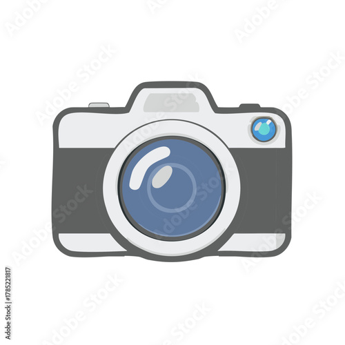 Stylized digital camera with a large blue lens and flash element