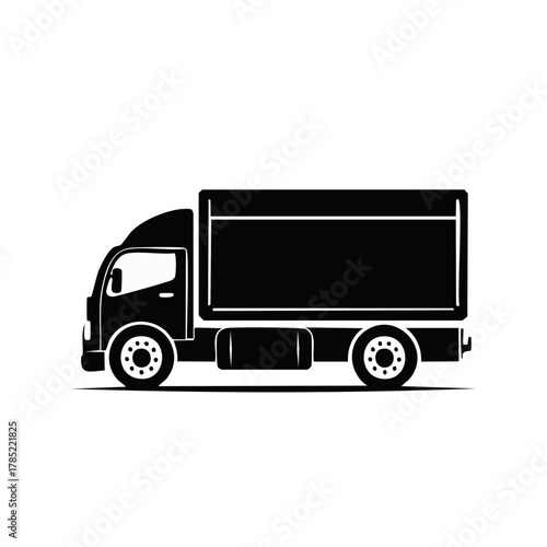 Delivery truck vector silhouette, compact cargo vehicle for distribution, monochrome black design, logistics transport symbol