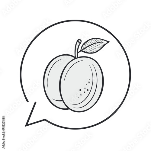 Illustration of peaches inside a speech bubble, concept of fruit, organic product, communication