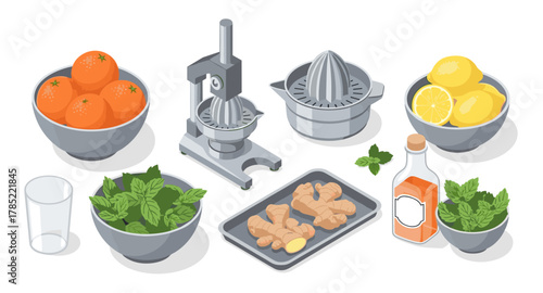 Fresh citrus juicing setup with mint and ginger in isometric design