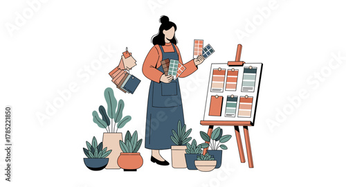 Creative designer choosing color palettes in modern workspace with plants and canvas