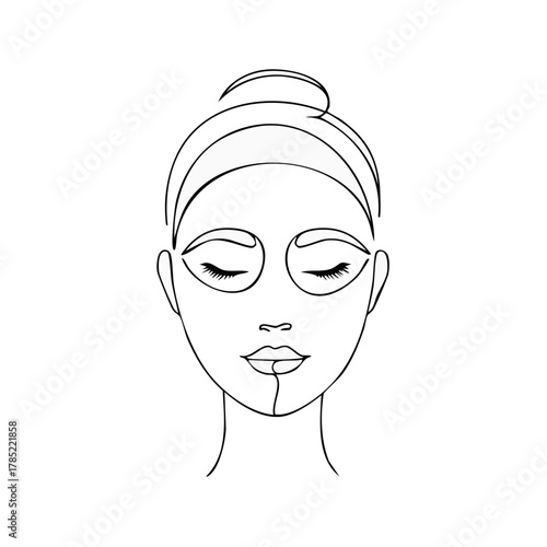 Elegant single line drawing of a woman's face with closed eyes and eye mask, hair tied up with a band, calm expression, beauty and skincare concept