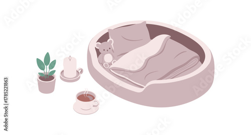 Cozy pet bed with teddy bear and warm beverages in minimalist pastel design