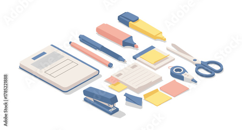 Isometric office supplies collection featuring highlighted colors and essential tools