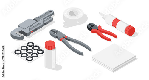 Isometric plumbing tools set with pliers, tape, and sealant