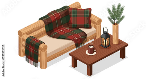 Cozy isometric living room with rustic sofa, plaid blanket, and coffee table scene