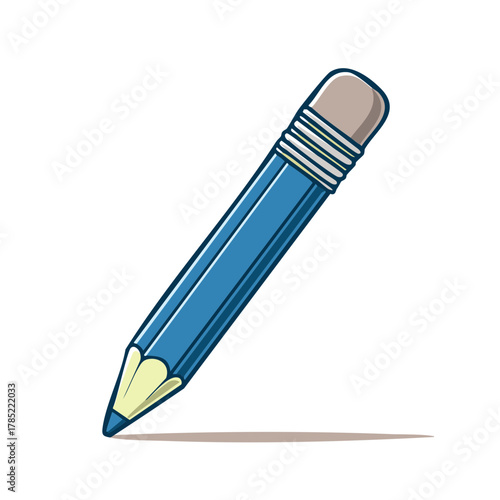 Blue pencil with eraser in a cartoon illustration style, writing or drawing instrument