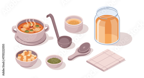 Warm soup meal with ingredients and kitchen utensils in isometric style