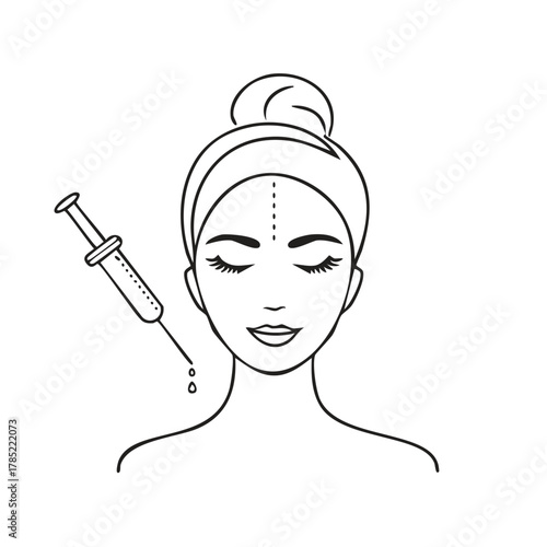Beauty treatment icon with syringe and woman, black and white.