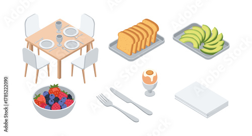 Isometric breakfast essentials: fruits, avocado, toast, and table setting