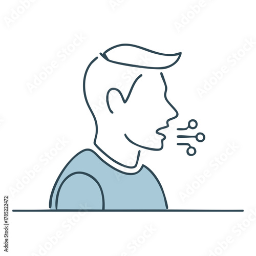 Male person breathing exhaling speaking or coughing in a simple line art illustration profile view