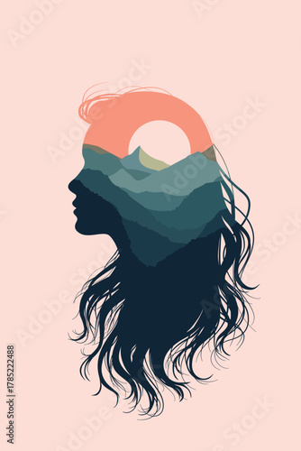 Double exposure illustration of a woman’s silhouette with mountains and sunset inside, symbolizing harmony between nature and mind, inner peace, and self-reflection.