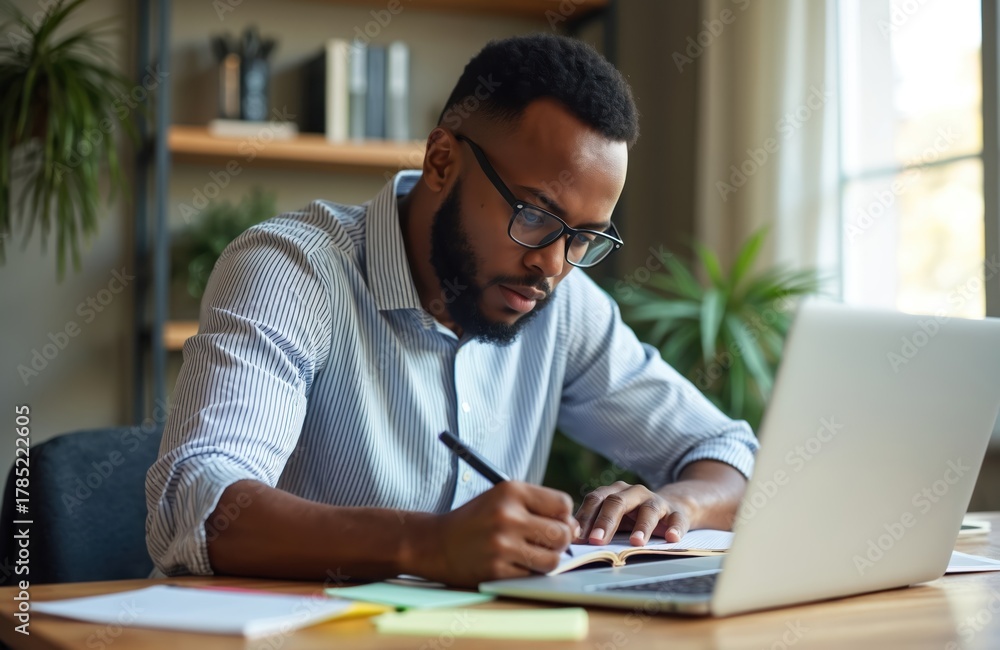 Obraz premium Young black man with glasses works on laptop at home table. He writes notes in notebook. Focused student studies online, does remote freelance job. Adult male plans project.