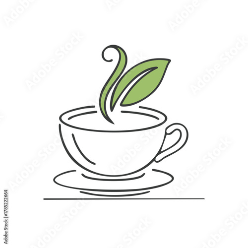 Minimalist Teacup with Green Leaf Steam Illustration