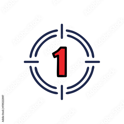 Red number one in a blue target crosshair scope icon flat design concept