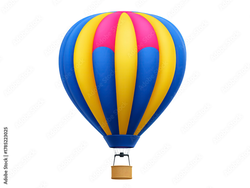 Fototapeta premium Hot air balloon with vibrant blue, yellow, and pink stripes, isolated on transparency background, whimsical and cheerful, perfect for travel or adventure themes