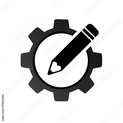 Pencil graphic inside gear wheel, depicting creative process, design, development, and engineering concept symbol