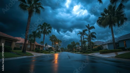 Dramatic storm clouds over a rainy suburban street with palm trees and houses, creating a moody
