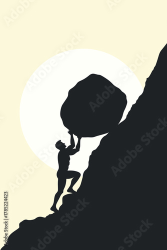 Silhouette of a man pushing a large boulder uphill against the sun, symbolizing struggle, perseverance, determination, and the endless pursuit of success and strength.