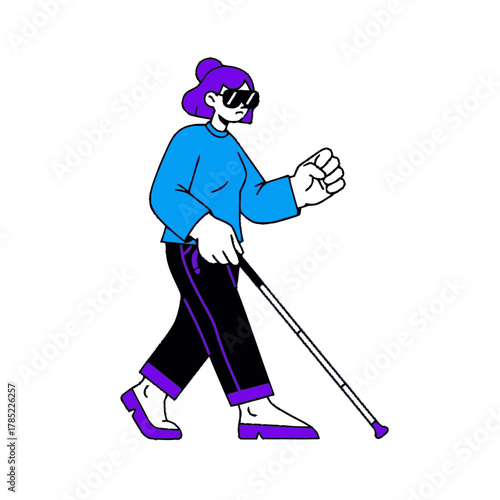 Vector illustration of a blind woman walking with a cane. Flat design character representing accessibility and disability. Isolated graphic for inclusion and awareness concepts