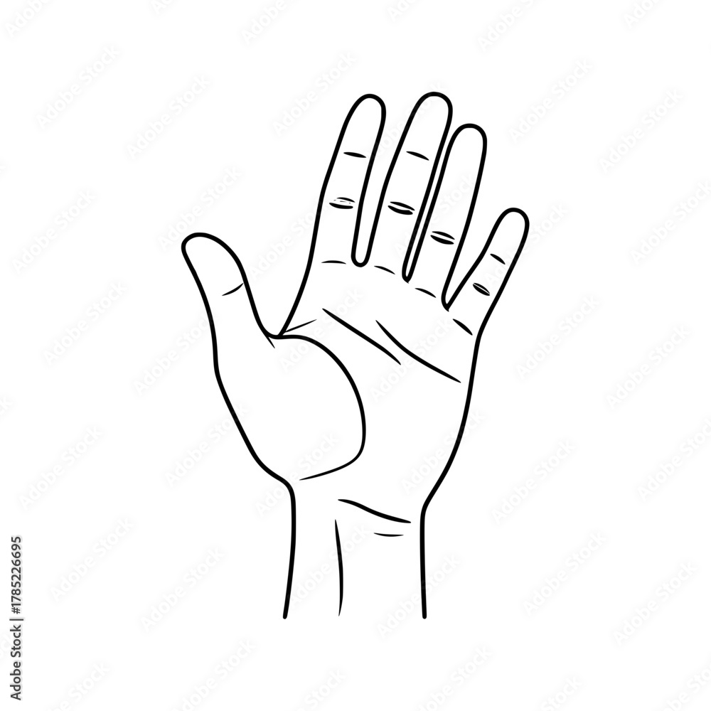 Obraz premium A simple black and white line drawing of an open human hand with fingers spread wide.