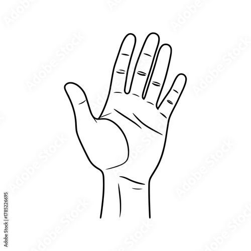 A simple black and white line drawing of an open human hand with fingers spread wide.