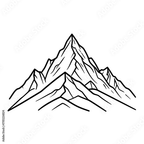 A striking black and white illustration of a majestic mountain range with sharp peaks and rugged slopes.